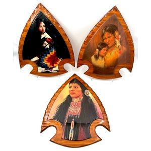 Vintage Native American Indian Paintings Wooden Arrowhead Wall Plaque SET OF 3